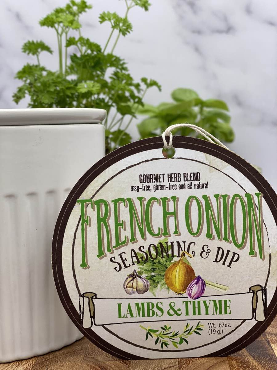 French Onion Seasoning & Dip product package displayed with dip chiller on wooden cutting board