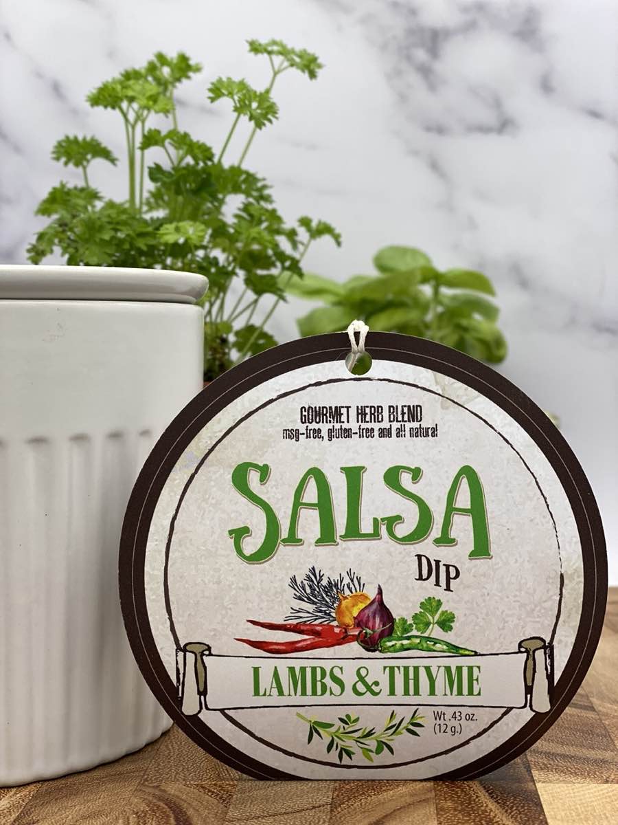 Salsa Dip product package displayed with dip chiller on wooden cutting board