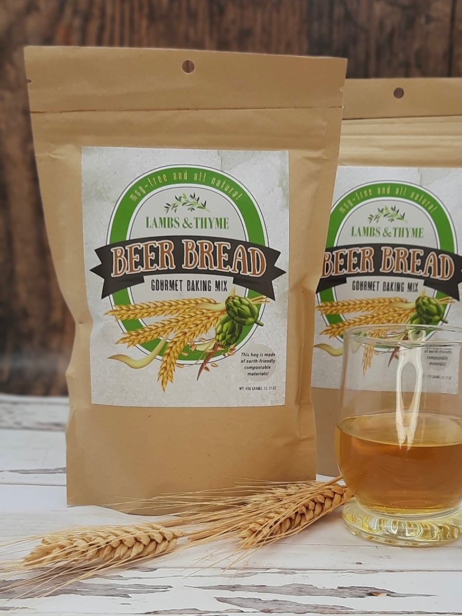 Beer Bread Gourmet Baking Mix bag with glass of beer and wheat stalks